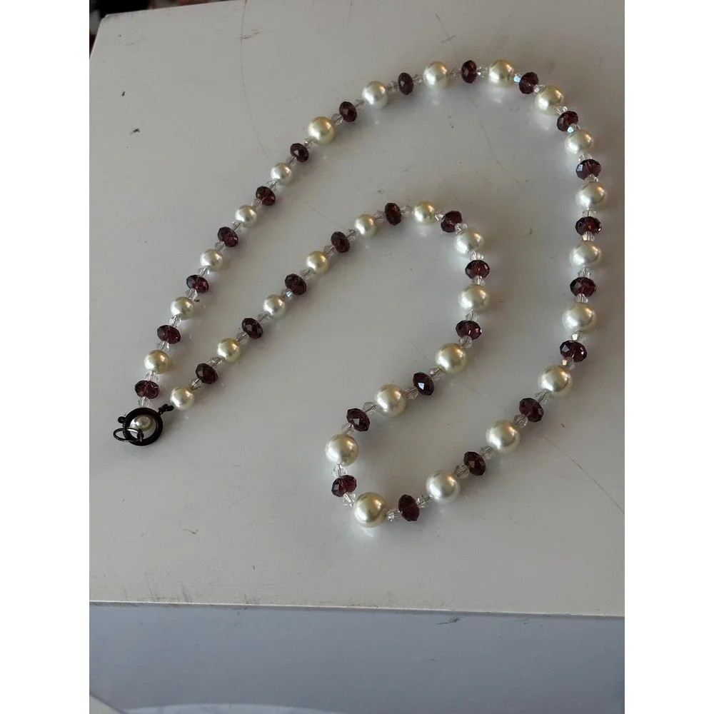 Y2K Vintage Beaded Necklace Womens Cream Purple Pearl Crystal‎ Style Classic